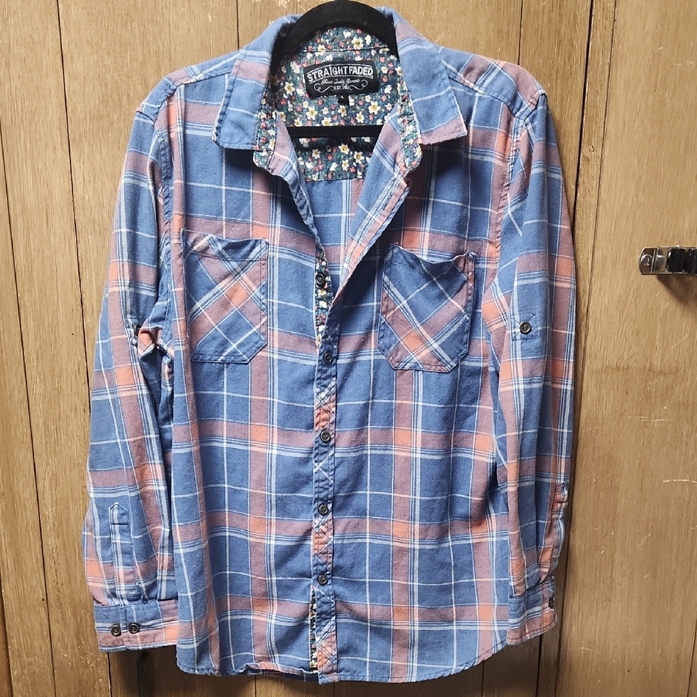 Blue and Orange Casual Button Down Shirt with Soft Flannel